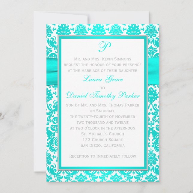 Inbjudan till Aqua, Grått och White Damask Wedding (Baksida)
