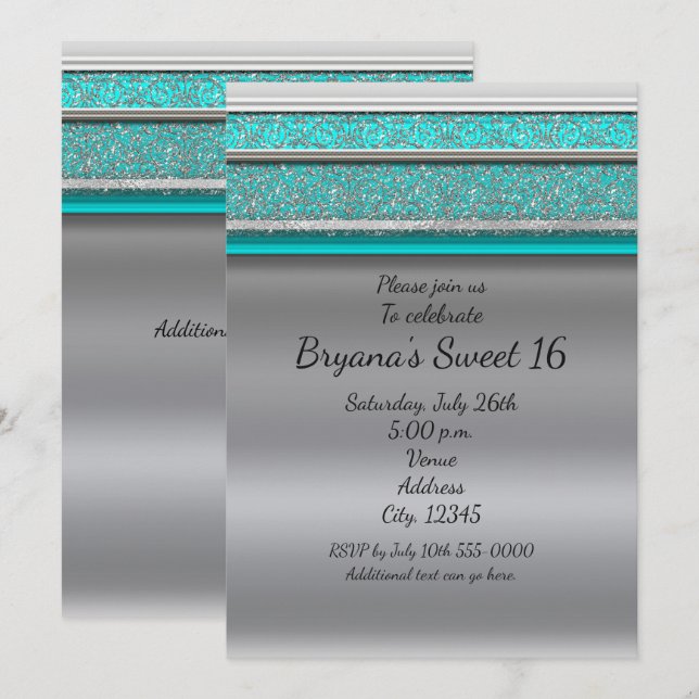 Inbjudan till Aqua Turcos Blue & Silver Sweet 16 (Fram/baksida)