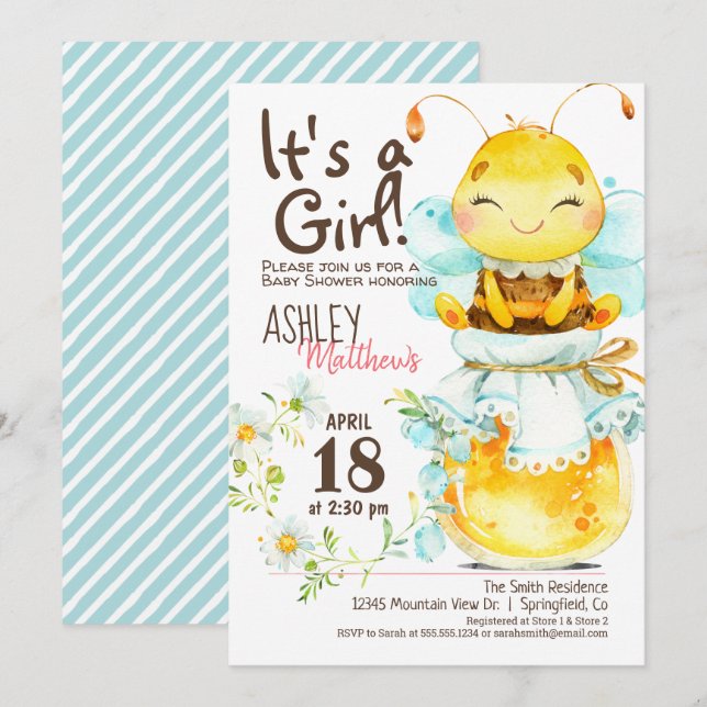 Inbjudan till Baby Bee Baby Shower för flicka (Fram/baksida)