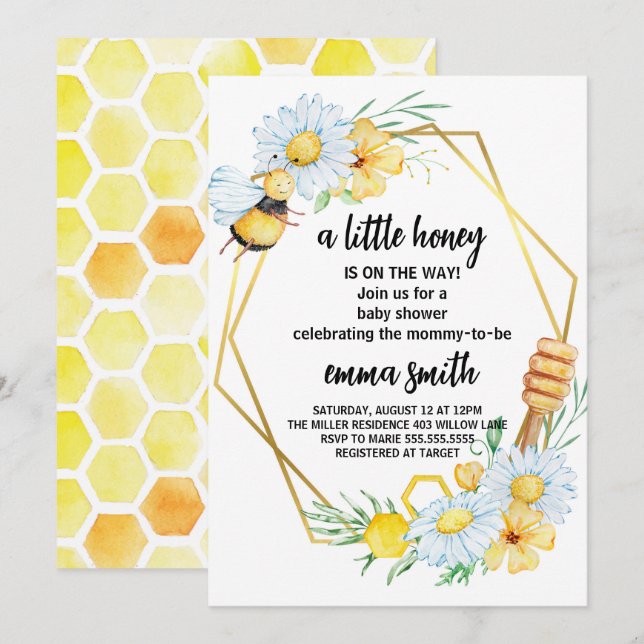 Inbjudan till Baby Bee Baby Shower för små honungs (Fram/baksida)