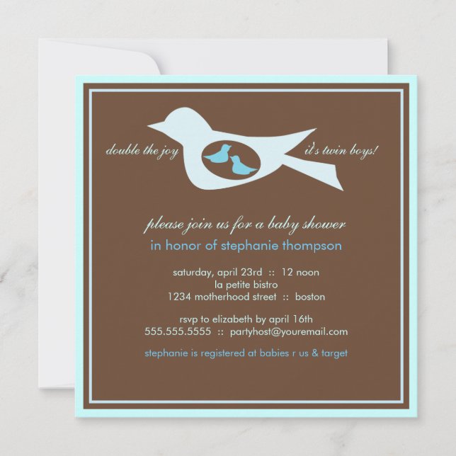 Inbjudan till Baby Birdie Twin Boys Blue Baby Show (Framsida)