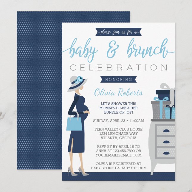 Inbjudan till baby & Bruch Baby Shower, blått, Grå (Fram/baksida)