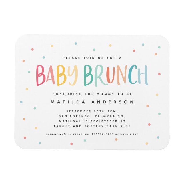 Inbjudan till baby brunch med färgat regnbåge magnet (Horisontell)