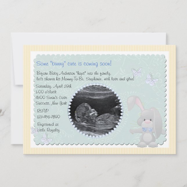 Inbjudan till Baby Bunny Blue Photo Baby Shower (Framsida)