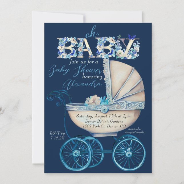 Inbjudan till baby Carriage Boy Baby Shower (Framsida)