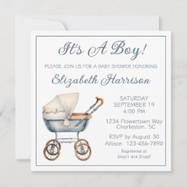 Inbjudan till Baby Carriage Pojke Shower vintage
