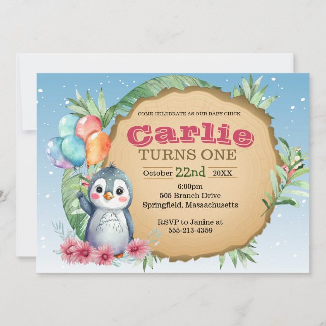 Inbjudan till baby Chick Penguin Birthday Birthday (Framsida)