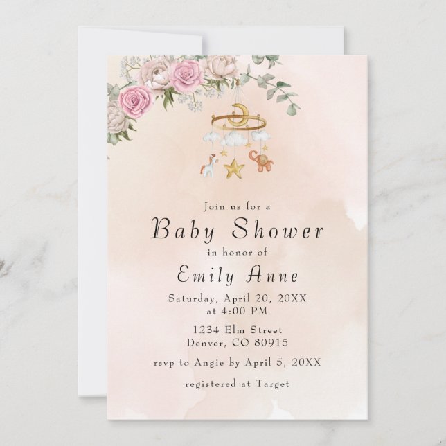 Inbjudan till baby djur Carousel Peach Baby Shower (Framsida)