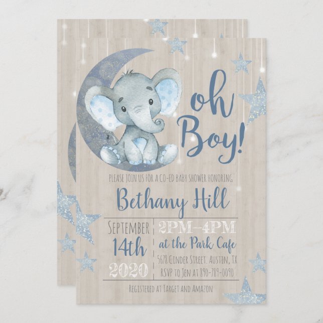 Inbjudan till Baby Elephant Baby Shower (Fram/baksida)
