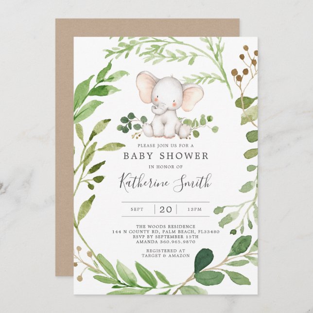 Inbjudan till baby Elephant Baby Shower (Fram/baksida)