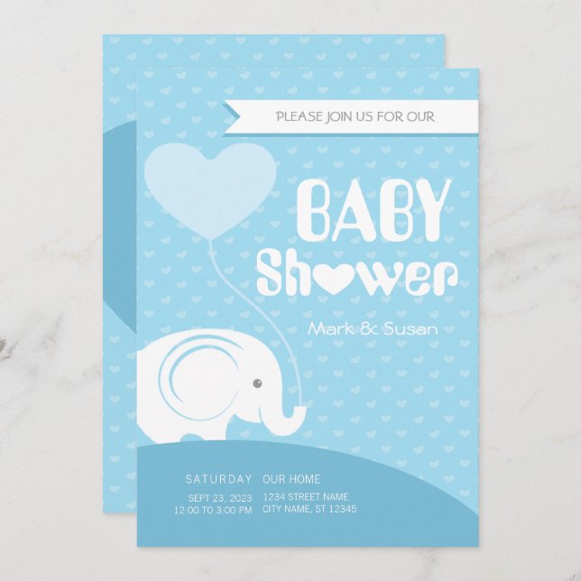 Inbjudan till baby Elephant Baby Shower till Pojke (Fram/baksida)