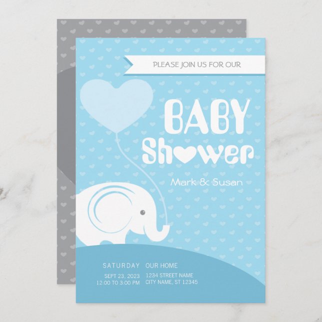 Inbjudan till baby Elephant Baby Shower till Pojke (Fram/baksida)