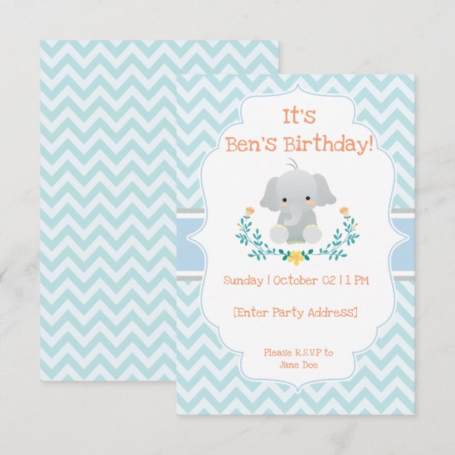 Inbjudan till baby Elephant Birthday (Fram/baksida)