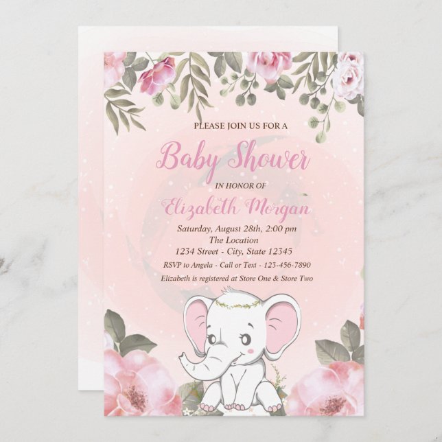 Inbjudan till baby Elephant Blommigt Baby Shower (Fram/baksida)