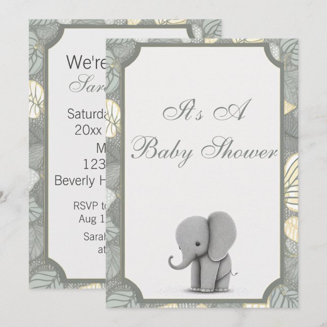 Inbjudan till baby Elephant Non Gender Baby Shower (Fram/baksida)