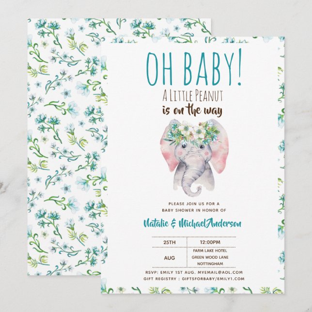 Inbjudan till baby Elephant Shower, Boho Blommigt (Fram/baksida)