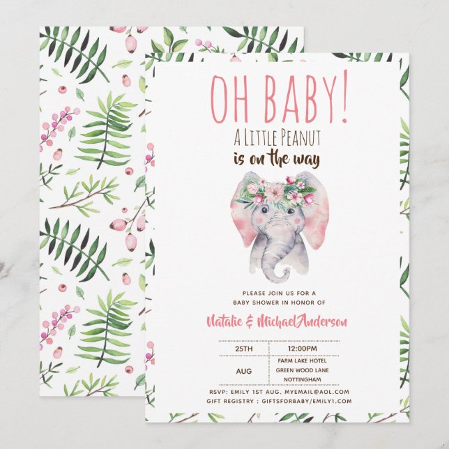 Inbjudan till baby Elephant Shower, Boho Blommigt (Fram/baksida)