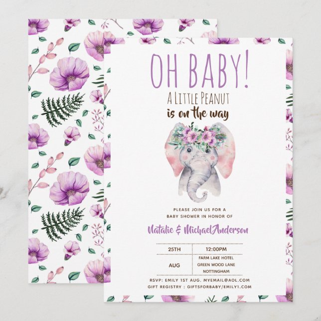 Inbjudan till baby Elephant Shower, Boho Blommigt (Fram/baksida)