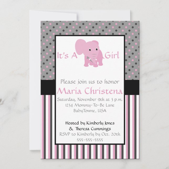 Inbjudan till Baby Elephant Shower (Rosa) (Framsida)