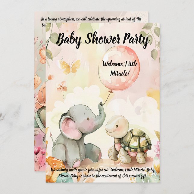 Inbjudan till baby Elephant & Turtle Baby Shower (Fram/baksida)