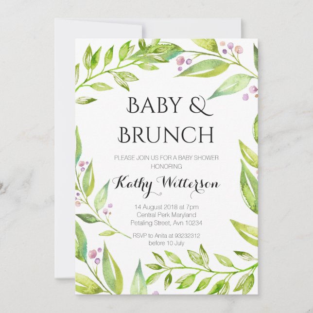 Inbjudan till Baby och Brunch Botanical Shower (Framsida)