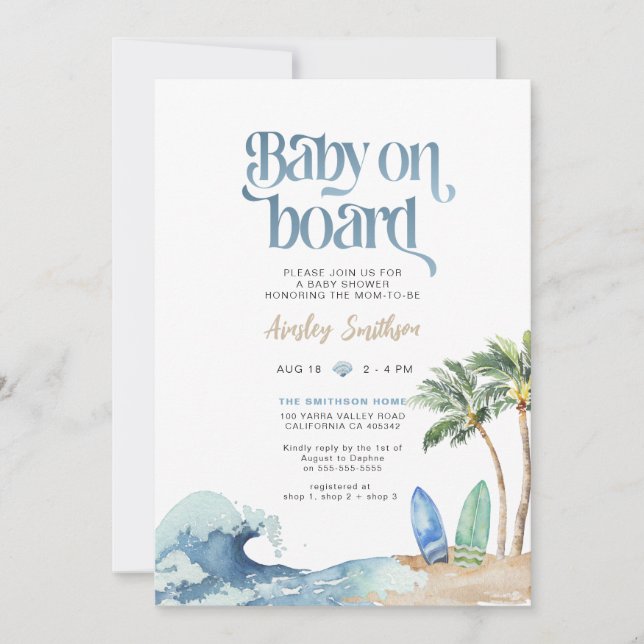 Inbjudan till baby ombord, Beach Baby Shower (Framsida)