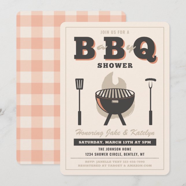 Inbjudan till Baby Q Shower | Peach Baby Q (Fram/baksida)