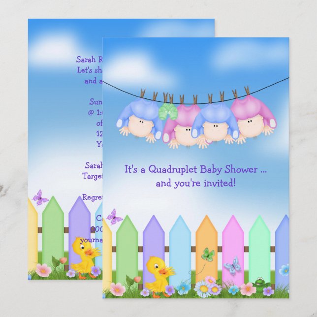 Inbjudan till baby Quadruplet Shower (Fram/baksida)