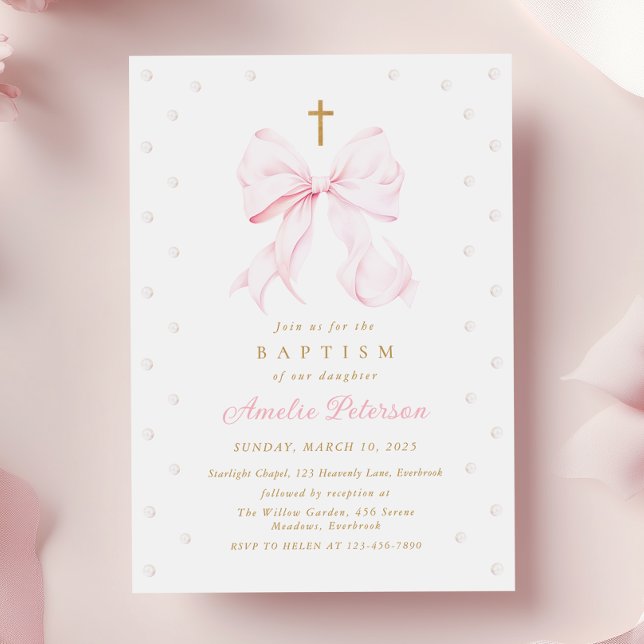 Inbjudan till baby Rosa Bow & Pearls Girl Baptism (Skapare uppladdad)