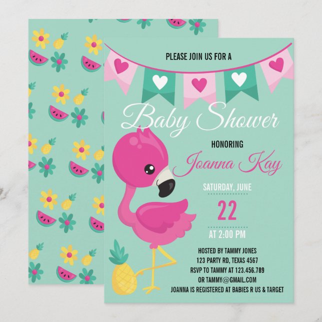 Inbjudan till baby Rosa Flamingo Baby Shower (Fram/baksida)