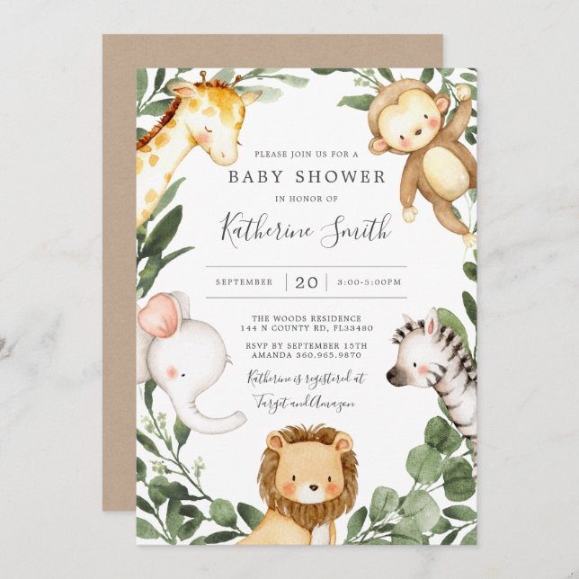 Inbjudan till baby Safari Animals Baby Shower (Fram/baksida)
