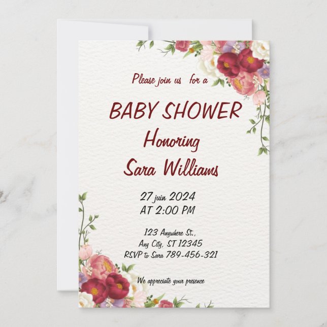 inbjudan till baby shower flicka blommig (Framsida)
