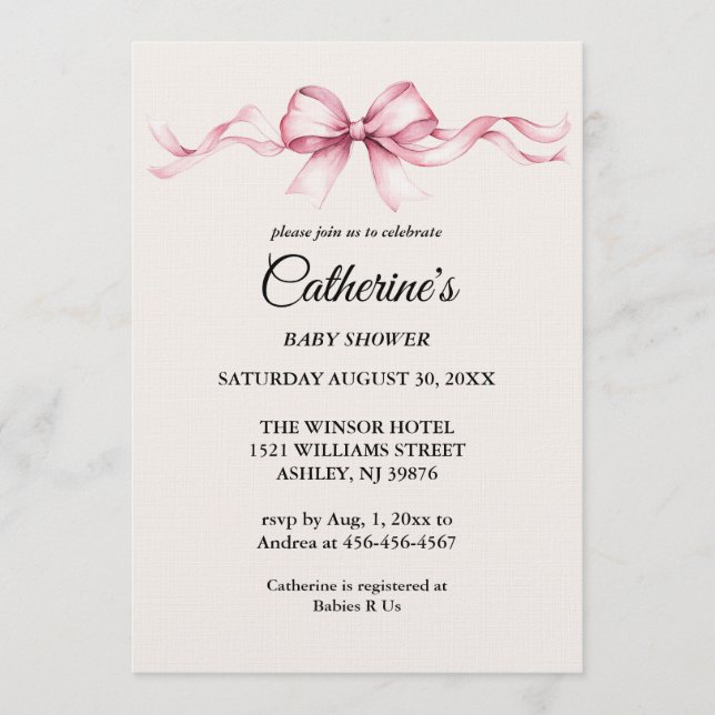 Inbjudan till baby shower för flicka med rosa band (Framsida)