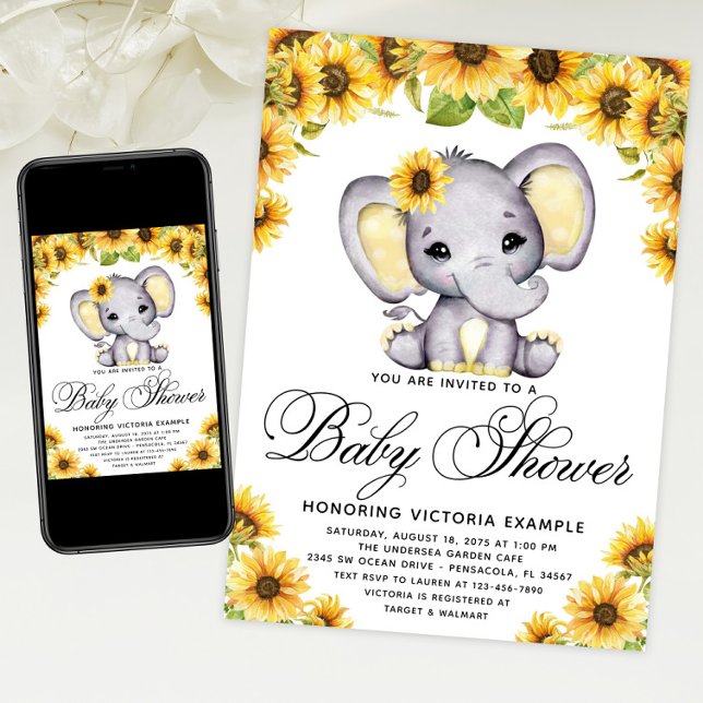 Inbjudan till Baby Shower för flickelefant Solrosb (Sunflower elephant baby shower invitation with cute baby elephant and sunflowers. Print & Download)