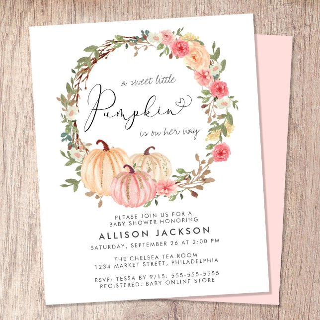Inbjudan till baby shower för liten flicka med akv (Celebrate the upcoming arrival of your sweet little autumn baby with a pumpkin-themed baby shower)
