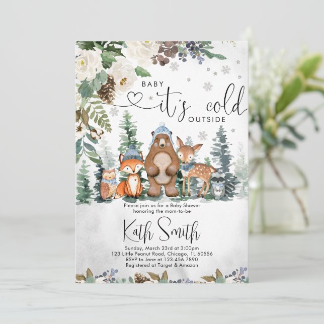 Inbjudan till baby shower för pojke i vinter skogs (Stående Fram)