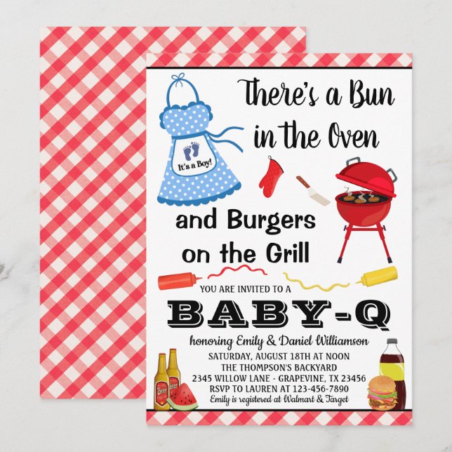 Inbjudan till baby shower för pojke med BBQ (Fram/baksida)