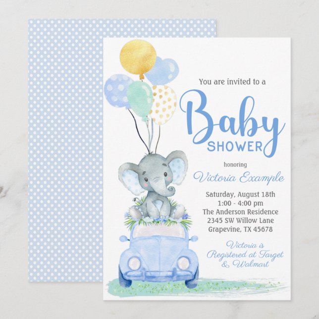 Inbjudan till baby shower för pojke med elefant i  (Fram/baksida)