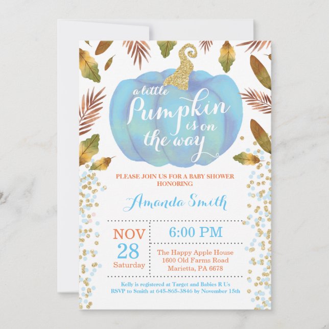 Inbjudan till baby shower för pojke med pumpa och  (Framsida)