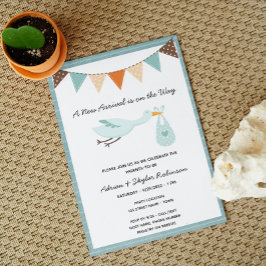Inbjudan till baby shower för pojke med storktema