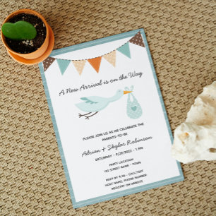 Inbjudan till baby shower för pojke med storktema