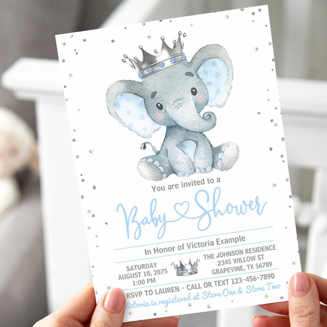 Inbjudan till baby shower för prins elefantpojke (Boy cute elephant baby shower invitation. Instant download and printed invitations available.)