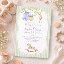 Inbjudan till baby shower med charmiga mönster.