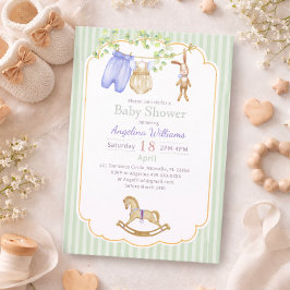 Inbjudan till baby shower med charmiga mönster.