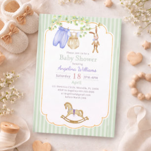 Inbjudan till baby shower med charmiga mönster.