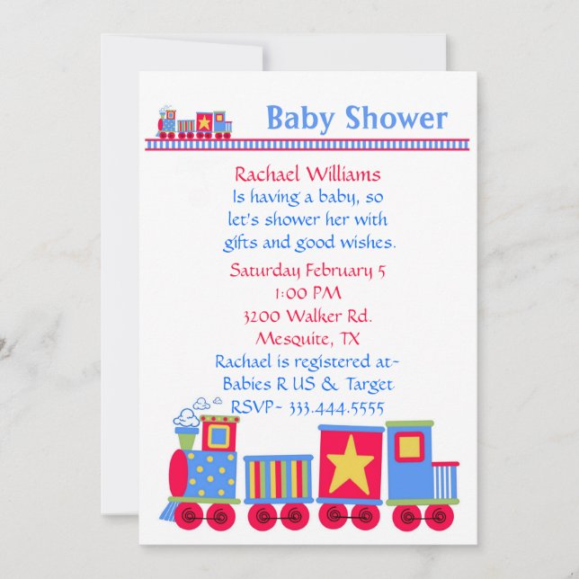 Inbjudan till baby shower med leksakståg (Framsida)