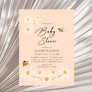 Inbjudan till baby shower med rosa blommor och bin