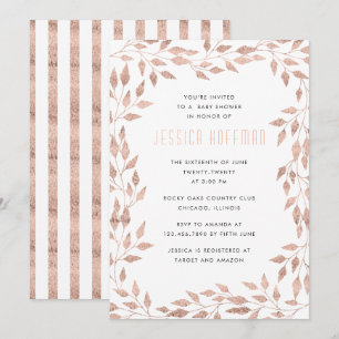 Inbjudan till baby shower med roséguld och lövrik
