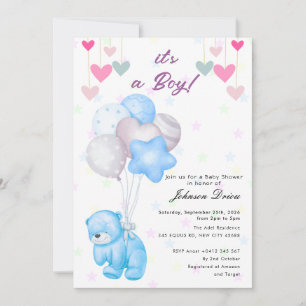 inbjudan till baby shower med teddybjörnballong fö