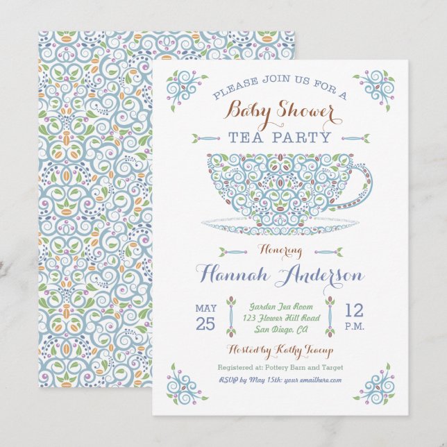 Inbjudan till Baby Shower Tea Party-Pojke II (Fram/baksida)